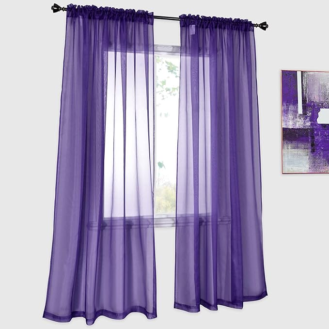 DONREN 2 Panels Solid Color Dark Purple Sheer Curtains Elegant Rod Pocket Window Voile Panels Drapes for Bedroom Living Room (52X84 Inches)