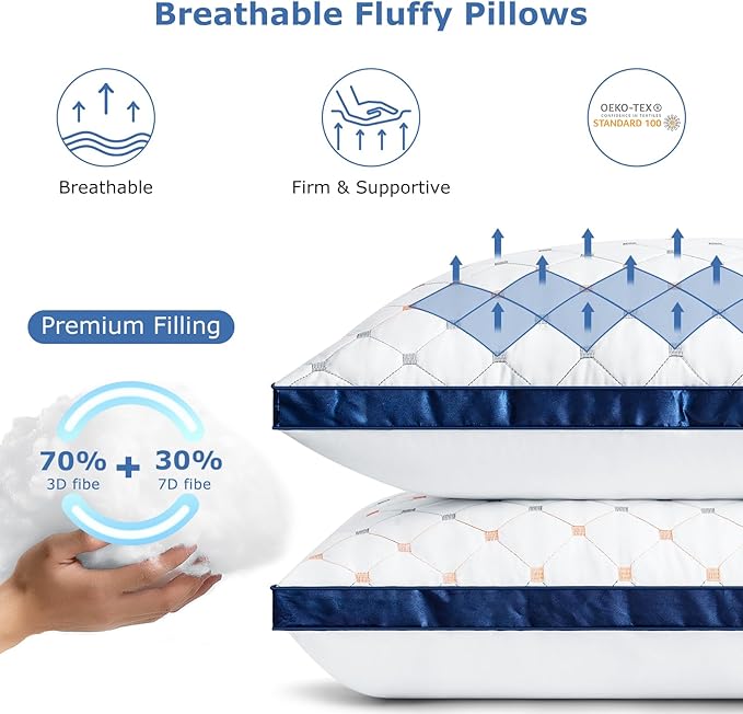 Cooling Pillows Queen Size Set of 2, Luxury Hotel Quality Queen Bed Pillows, Fluffy Down Alternative Pillows 2 Pack for Sleeping, Soft Gusseted Pillows for Side, Back or Stomach Sleepers