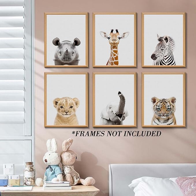 Nursery Safari Wall Art Decor, Jungle Animal of Rhino, Giraffe, Zebra, Cute Safari Decor for Baby Bedroom (8"x10", UNFRAMED) (H, 11x14 inch)