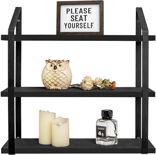 Mkono Floating Wall Shelves 3 Tier Rustic Hanging Shelf with Metal Bracket Wall Mount Wood Storage Display Shelves for Living Room Bathroom Bedroom Kitchen Office,Black