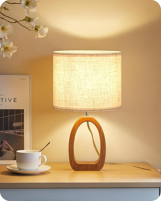 Small Table Lamp, Wood Bedside Lamp with Linen Lampshade, Modern Nightstand Lamp, Cute Desk Lamp for Living Room, Bedroom, E26 Base, Bulb Not Included, Beige and Dark Natural LE07TL05