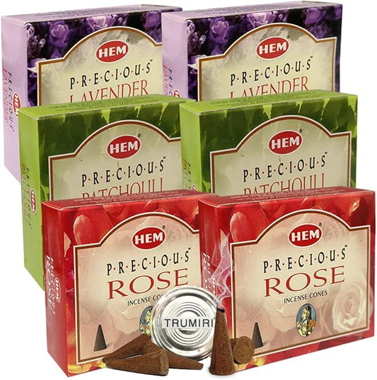 Lavender Patchouli Rose Incense Cones & Holder Bundle Variety Pack From Hem Trumiri Insense Insence