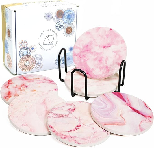 AD Set of 6 Coasters for Drinks Absorbing Round Ceramic Stone Coaster with Cork Base Tabletop Protection Mat for Mugs and Cups,Office,Kitchen (Pind Marble with Holder)