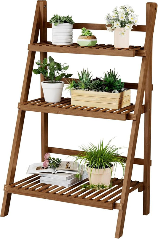 Bamboo Ladder Shelf Plant Shelf, 3 Tier Foldable Ladder Flower Pot Display Shelf Rack, Freestanding Ladder Bookshelf for Garden, Balcony, Yard, Patio, Lawn, Living Room, 23.6"W x 15"D x 39.4"H, Walnut