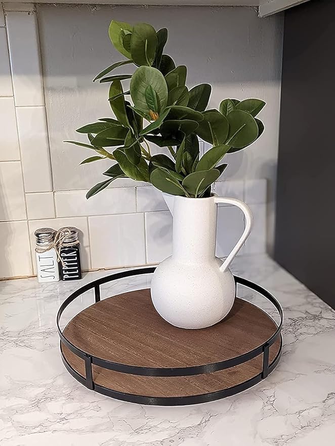 Defined Deco 12in Decorative Tray-Round Serving Tray with Metal Handle-Decorative Trays for Home Decor,Living Room Decor,Coffee Table Decor,Rustic Wooden Tray for Kitchen Table Decor,Dining Table.