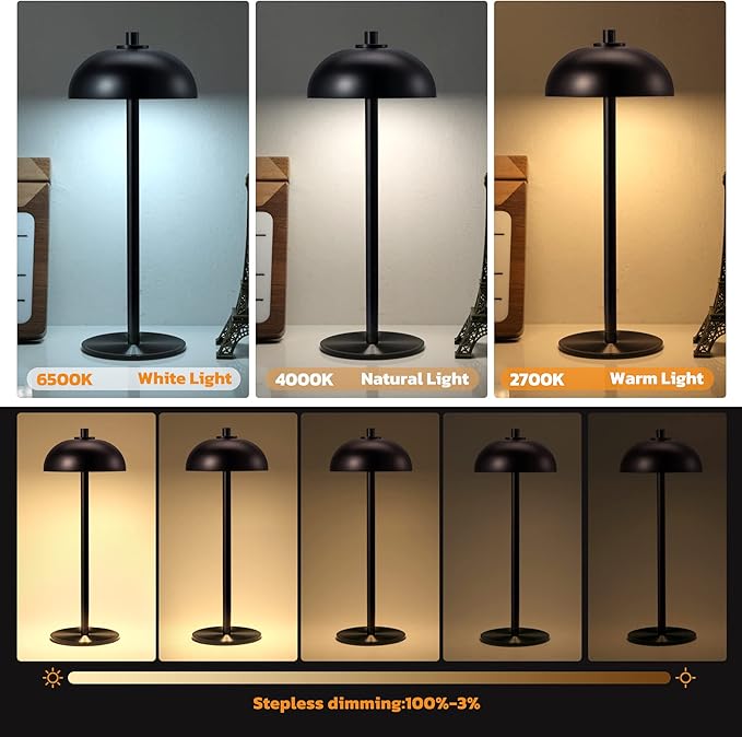 Rechargeable Cordless Table Lamp 2 Pack - 5000mAh Battery Powered Lamp, 3 Color Stepless Dimming LED Table Light with Memory Function for Indoor, Outdoor, Dinner, Home, Restaurant.(Black)