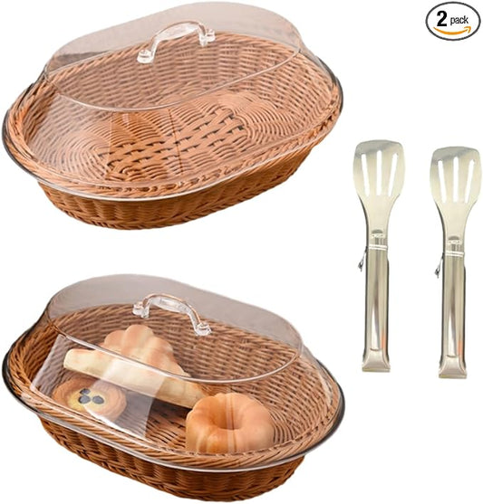 2 Pack Bread Basket with Acrylic Lid and Stainless Steel Tongs Rattan Bread Baskets Woven Fruit Basket with Cover for Food Vegetables Display