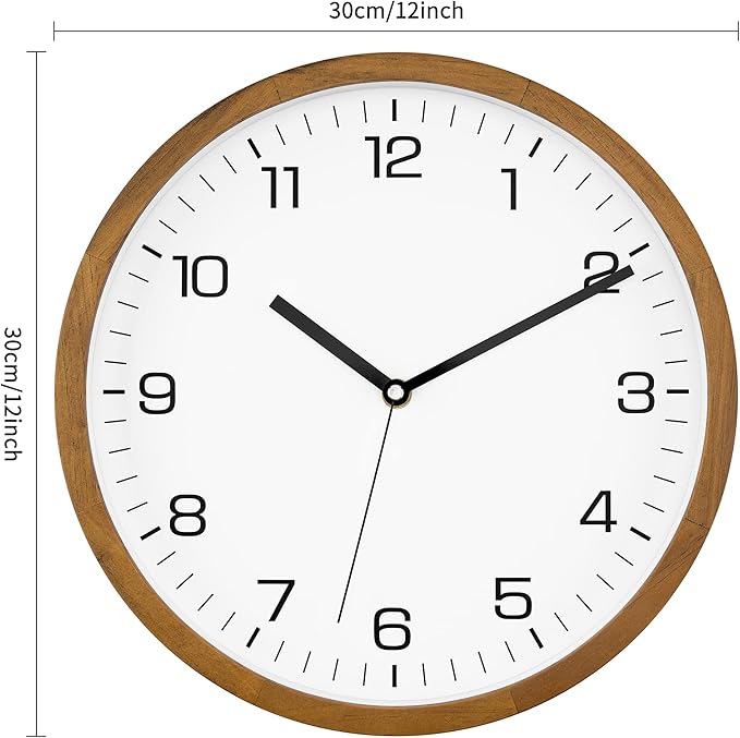 Foxtop Wood Wall Clock 12 Inch Silent Non-Ticking Battery Operated Quartz Round Wooden Wall Clock Decorative for Kitchen Bedroom Living Room Home Office Decor