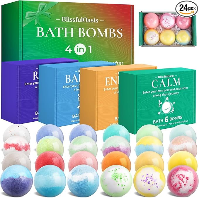 Bath Bombs Set, 24 Pcs Shower Bombs with 6 Refreshing Scents, Perfect for Moisturizing & Relaxing, Ideal for Birthday, Mother's Day, Valentine's Day Present Giving, Presents for Women
