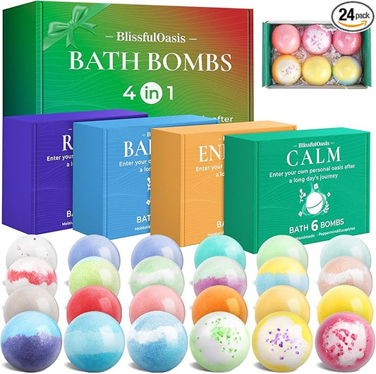 Bath Bombs Set, 24 Pcs Shower Bombs with 6 Refreshing Scents, Perfect for Moisturizing & Relaxing, Ideal for Birthday, Mother's Day, Valentine's Day Present Giving, Presents for Women
