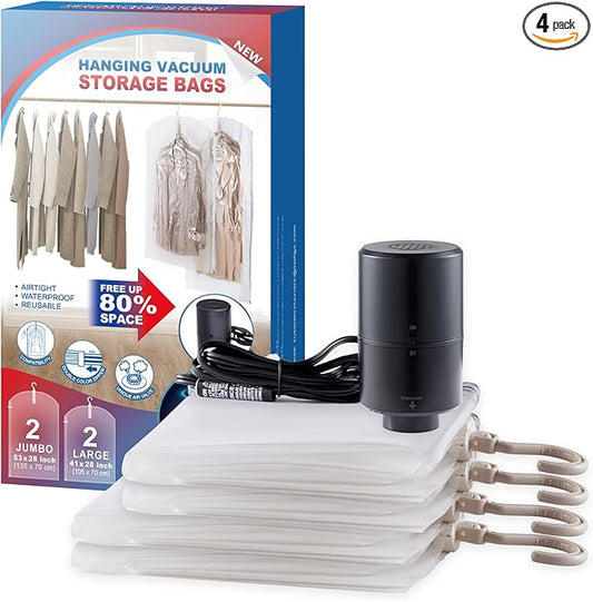 Hanging Vacuum Storage Bags, 4 Pack Hanging Storage Bags for Clothes With Electric Pump, Vacuum Sealed for Suits, Dress, Jackets (2 Long, 2 Short)