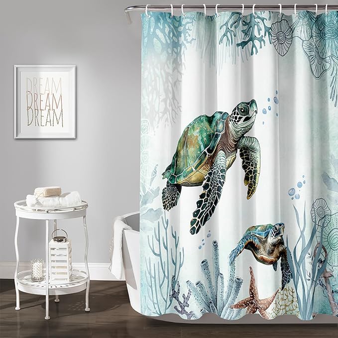 AILONEN Sea Turtle Shower Curtain for Bathroom Teal Blue Ocean Beach Coastal Bath Curtain Decor 36" W*72" H Polyester Fabric Waterproof Bathroom Curtain with Hooks