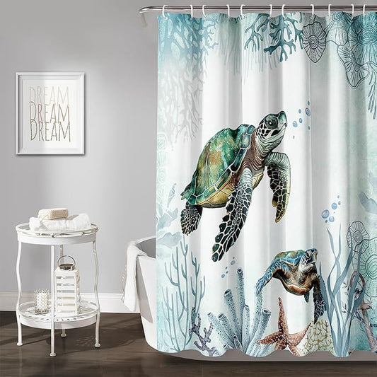 AILONEN Sea Turtle Shower Curtain for Bathroom Teal Blue Ocean Beach Coastal Bath Curtain Decor 72" W*84" H Polyester Fabric Waterproof Bathroom Curtain with 12 Hooks