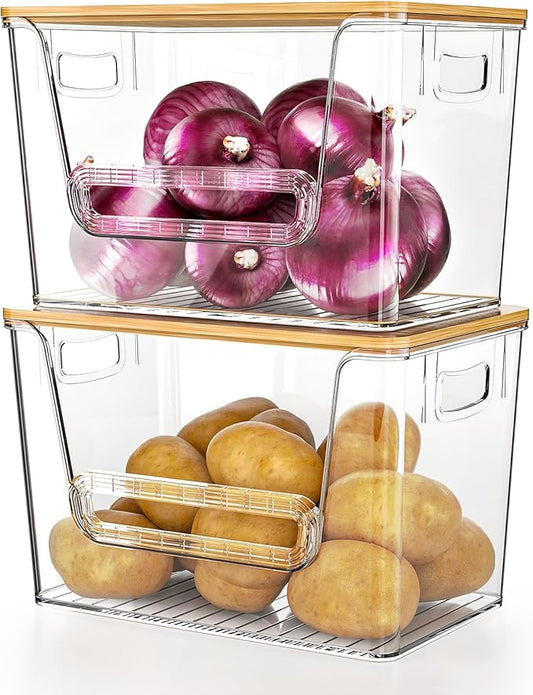 Delamu 2 Set Pantry organizers and Storage,kitchen organizers and storage with Bamboo Top,Stackable Garbage Bag Organizer for 4-30 Gal Bags,Onion,Potato,Fruits,Clear(11.22" L *7" W*7.12" H)