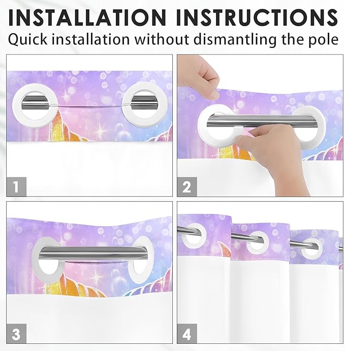 Mermaid Galaxy Summer No Hook Shower Curtain with Snap in Liner, Pink Purple Kids Girl Bath Curtain with Double Layers Waterproof Fabric and Mesh Top Window 71x74 Inch