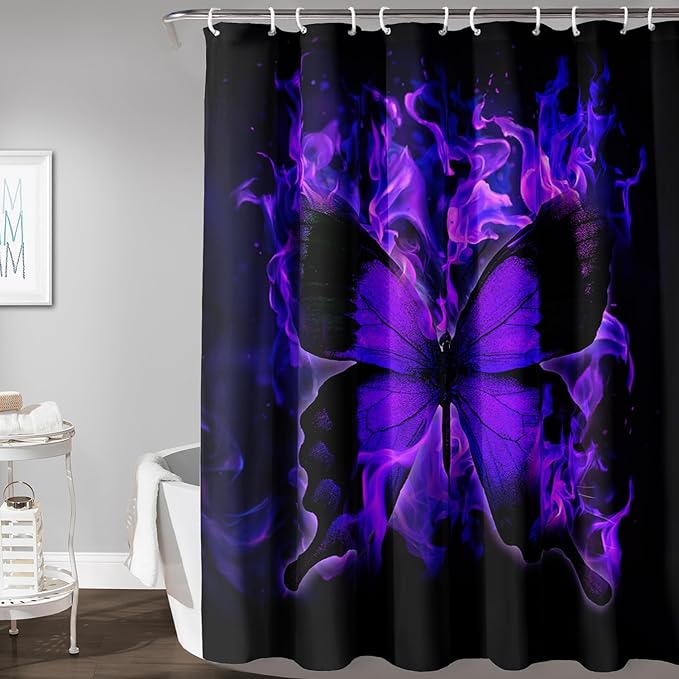 AILONEN Butterfly Shower Curtain for Bathroom, Purple Fire Butterfly Bath Curtain,Minimalism Fashion Bathroom Curtain,72" W*96" H Polyester Waterproof with 12 Plastic Hooks