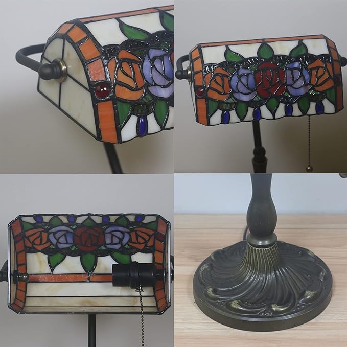 Tiffany Style Bankers Table Lamp Stained Glass Piano Desk Lamp Vintage Bedroom Bedside Lamp for Study,Antique Alloy Base,Zipper Switch,Rose a
