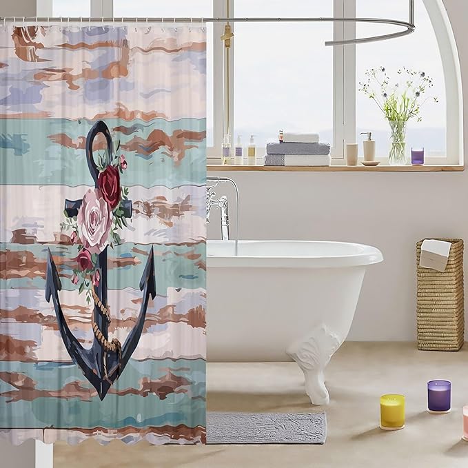 Feelyou Anchor Shower Curtain Rose Anchor Fabric Shower Curtain for Kids Boys Girls Wooden Rustic Bathroom Waterproof Accessories with 12 Hooks Sea Adventure Curtains,72x84 Inches
