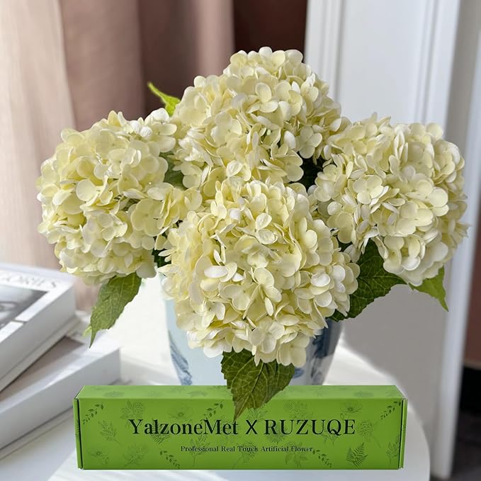 YalzoneMet 4 PCS Beige Creamy Hydrangea Artificial Flowers 21 inches Real Touch Faux Latex Hydrangea Flowers for Wedding Table Centerpieces Fake Flowers for Party Home Kitchen Fall Decor