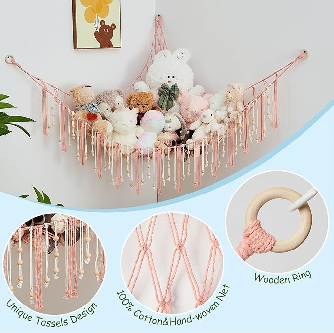 Pretty Jolly Stuffed Animal Storage Hammock with Wooden Beads Corner Hanging Net Boho Tassel for Toy Plush Holder for Kid Room Nursery Decor Wall Display Organizer for Girls Boy Gift(Leather Pink)