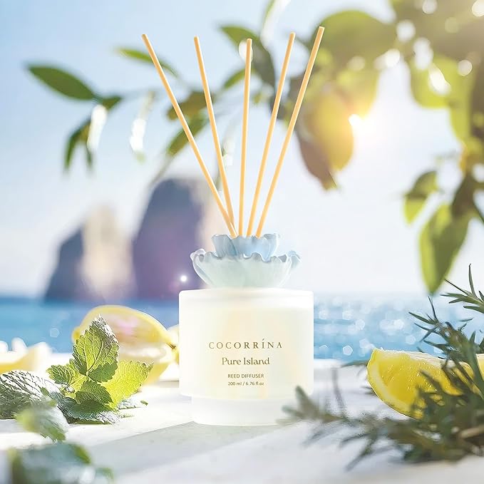 Cocorrina Gypsum Flower Reed Diffuser Set for Bathroom Décor – Pure Island Scent, 6.76 oz with Sticks & Oil – Home Fragrance for Bathroom & Living Space