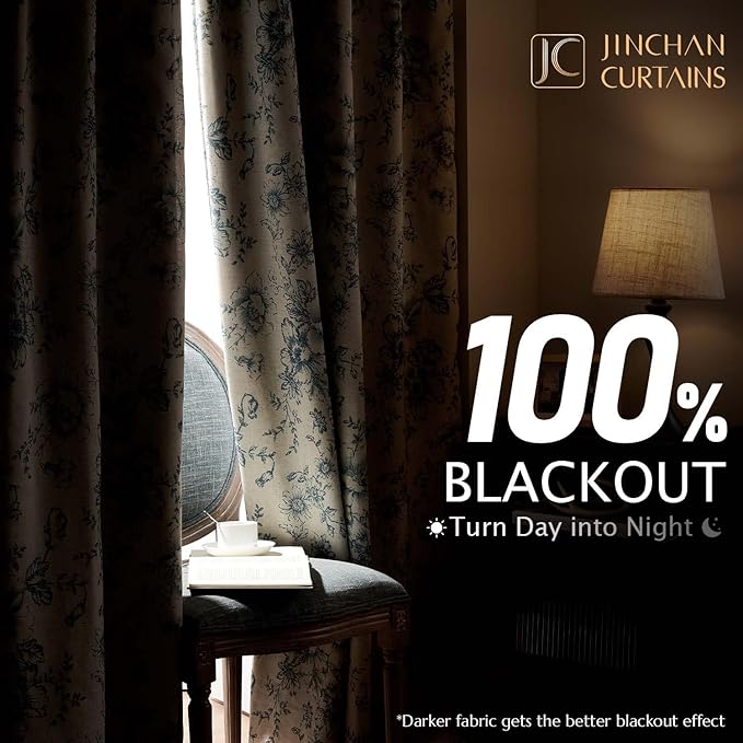 jinchan Blackout Linen Blend Curtain Floral Blackout Curtains for Living Room 90 Inch Length Blue Printed with Lined Blackout Curtain for Bedroom Farmhouse Curtains Set 2 Panels