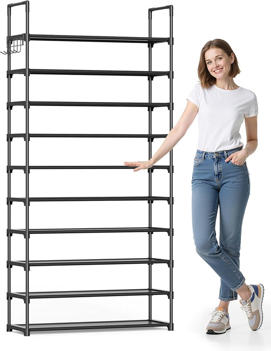 Kitsure Shoe Rack - 10-Tier Shoe Organizer with Detachable Fabric Shelves & Thick Metal Frame, Easy-to-Assemble Tall Shoe Rack for Closet, Entrance, Living Room, 32.2" × 11.8" × 68.5", Black