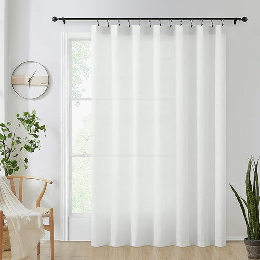 FMFUNCTEX White Patio Door Curtain Sheer Linen Curtains for Living Room 96 inches Long Sliding Glass Door Window Curtain Extra Wide Room Divider Semi Sheer Curtain Panels Rod Pocket 100”w 1 Pack