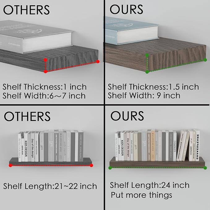 Floating Shelves for Wall - 24 x 9 Inch Natural Wood Shelves for Bathroom, Bedroom, Kitchen Decor, Farmhouse Decor Set of 2, Rustic Brown