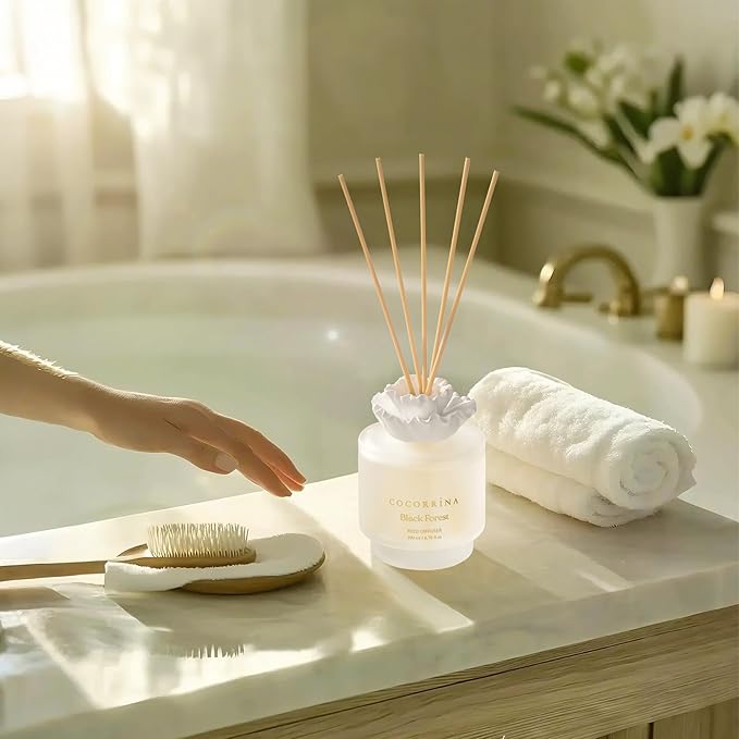 Cocorrina Gypsum Flower Reed Diffuser Set for Bathroom Décor – Black Forest Scent, 6.76 oz with Sticks & Oil – Home Fragrance for Bathroom & Living Space