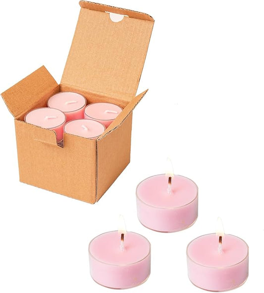 12 Unscented Natural Soy Tealight Candles in Clear Cups, 5H Long Clean Burning, Hand-Poured Pink Mini Tea Candle Set for Parties, Spa, Meditation, Gift, Holiday, Emergency, Home Decor