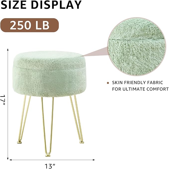 Cplxroc Ottomans Round Faux Fur Ottoman with Storage Footstools Vanity Chair Coffee Table Ottoman for Living Room (Three Legs-Green)