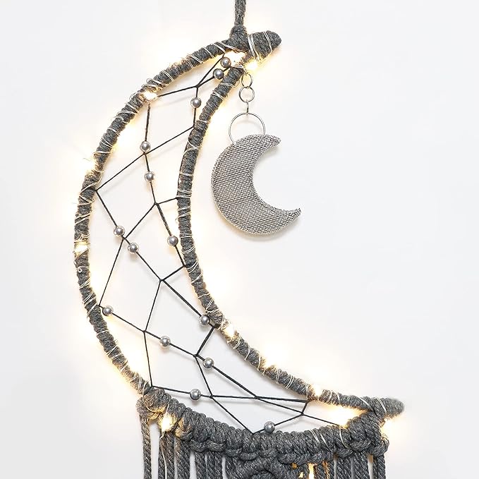Dremisland Macrame Woven Wall Hanging Moon Dream Catcher- Boho Chic Bohemian Home Decor Wall Art Decor Beautiful Apartment Dorm Room Door Decoration (Moon-Grey)