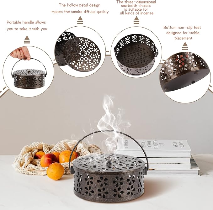 Portable Iron Mosquito Coil Holder with Handle Round Heat-Resistant Incense Holder for Home Office Camping (Bronze, 2Pack)