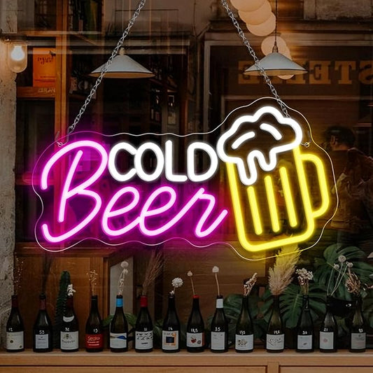 Cold Beer Neon Signs for Wall Decor, 16.5"X 9" Dimmable LED Neon Sign Powered by USB with ON/OFF Switch, Bright High Visibility Light Up Neon Signs for Home Beer Club Party Gift