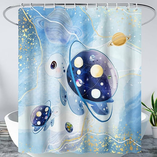 AILONEN Sea Turtle Shower Curtain,Blue Space Planet Turtle Bath Curtain,Watercolor Ocean Turtle Shower Curtain Waterproof for Bathroom Decor with 12 Plastic Hooks, 72" W*72" H