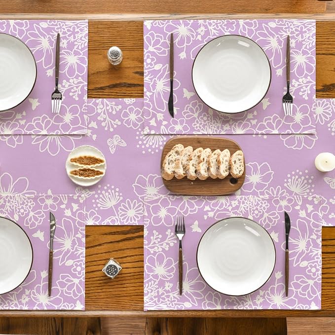 Artoid Mode Purple Flowers Floral Butterflies Spring Placemats Set of 4, 12x18 Inch Seasonal Table Mats Party Kitchen Dining Decoration