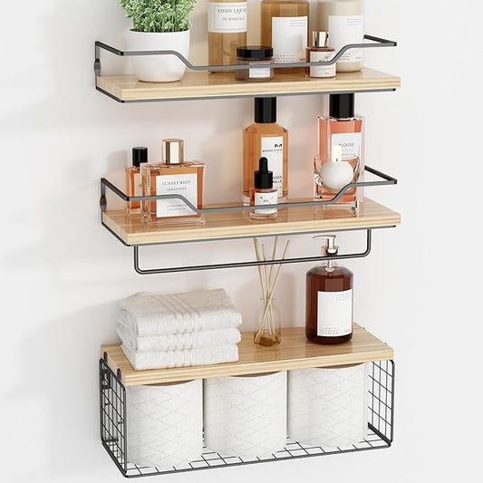 Floating Shelves Wall Mounted,Wood Bathroom Shelf Over Toilet with Paper Storage Basket, Wall Decor Farmhouse Floating Shelf for Bedroom, Living Room, Kitchen,Office (Light Rustic)