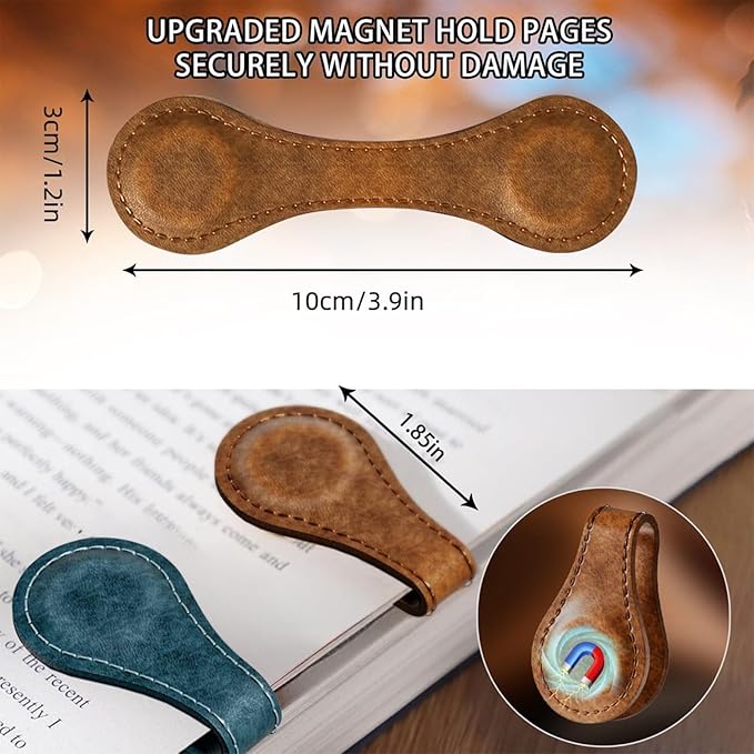 2PCS Magnetic Leather Bookmarks, Best Vintage Book Page Markers Clips Gift for reading men women teachers book lovers, Handmade Genuine Leather Magnetic book marks set of 2 (Earth Brown+Prussian Blue)