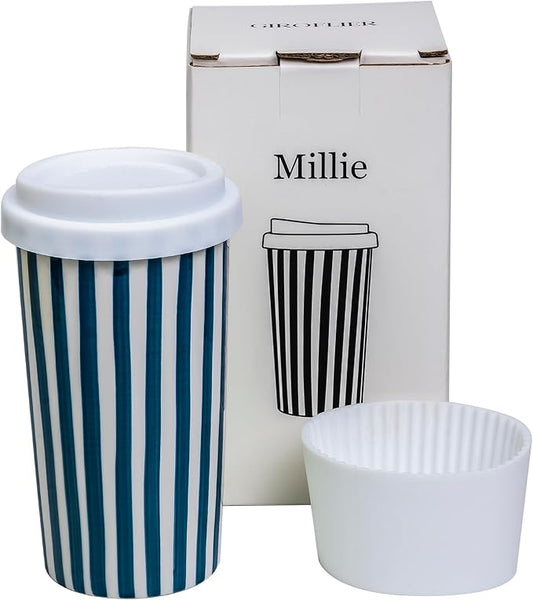 Millie 12oz Ceramic Travel Coffee Mug - Stylish Tumbler with Lid, Microwave & Dishwasher Safe Ceramic Travel Mug with Lid- Unique Gift Idea for Women & Men Who Love Coffee on the Go