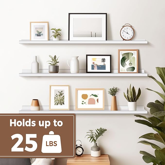 Annecy Floating Shelves Set of 3, 47 Inch White Rustic Wood Shelves for Wall, Wall Storage Shelves with Guardrail Design for Bedroom, Bathroom, Kitchen, Office, 3 Different Sizes