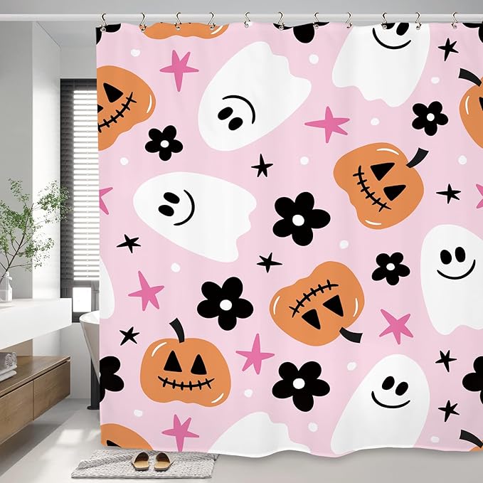 Halloween Pink Ghost Shower Curtain 60Wx72L Inch Pumpkin Cute Girls Horror Scary Spooky Cartoon Lovely Bathroom Set Accessories Decor with 12 Pack Hooks