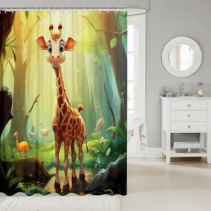 Feelyou Cute Giraffe Fabric Shower Curtain Cartoon Animal Shower Curtain for Teens Wildlife Bathroom Waterproof Accessories with 12 Hooks Wild Animal Curtains,72x72 Inches