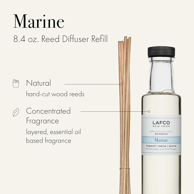 LAFCO New York Reed Diffuser Refill, Marine - 8.4 oz - Up to 4-Month Fragrance Life - Includes Natural Wood Reeds - Free of Dyes & Propellants - Made in The USA
