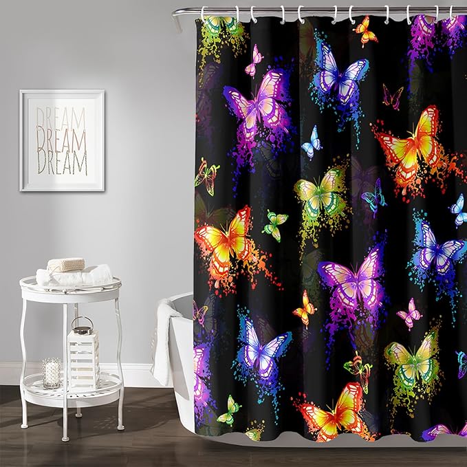 AILONEN Butterfly Shower Curtain for Bathroom, Colorful Butterfly Polyester Waterproof Bath Curtain,Modern Fashion Minimalist Shower Curtain with 12 Plastic Hooks,Black 72" W*72" H