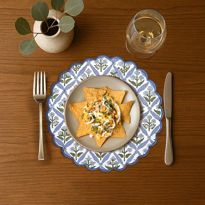 Ridhi Bo-ho Round Place Mat Easter Floral Cotton Washable Placemats 15" Round Embroidery Block Print Table Mat (Pack of 4-15 Inch Round, Light Steel Blue)