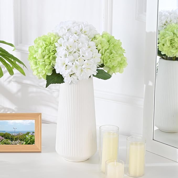 BLEUM CADE 8 Pcs Hydrangea Artificial Flowers with Realistic Stems, 18In Large Fake Flowers, Faux Flower for Home Party Decor Outdoor Wedding Bouquets Table Centerpieces Decoration,White Green