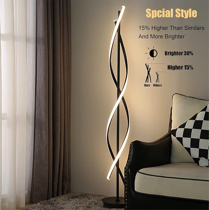 61inch Height; 60W DNA Spiral LED Floor Lights;Art Interior Decoration Home Nordic Floor Lamp Standing Lamp for Living Room Lighting ; 3Color Remote Control Dimming(Black)