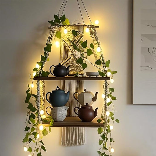 2 Tier Handmade Macrame Shelf, Boho Hanging Shelves, Macrame Wall Hanging Shelf with LED Light and Green Vine, Home Storage Cottage Core Bedroom Decor