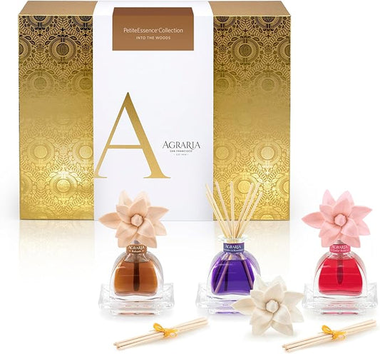 Agraria Into The Woods PetiteEssence Collection, Handmade Sola Flower Reed Diffuser Set of 3, 1.7 oz Each, Scented Oil Diffuser Gift Set for Home